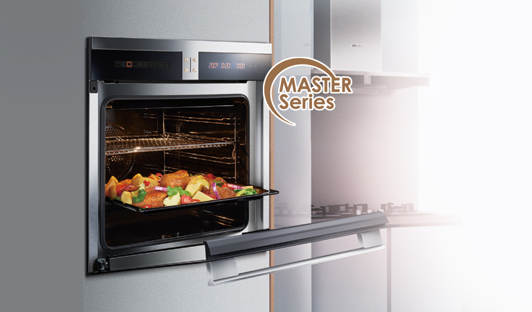 Freshly baked chicken on a baking tray in FOTILE Master Series of Oven with door open