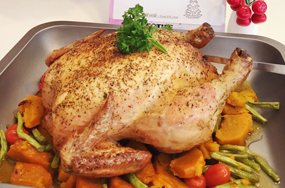 Roasted Chicken stuffed with Chestnut and mushroom, served with onion gravy